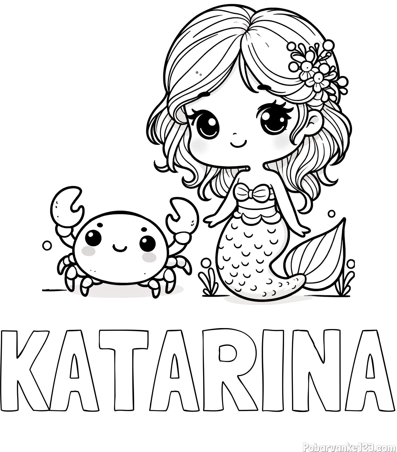 Pobarvanka imena KATARINA in pobarvanka ljubke morske deklice in veselega raka