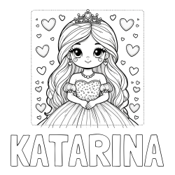 Online izdelana pobarvanka - Pobarvanka imena KATARINA in pobarvanka ljubke princese obdane s srčki