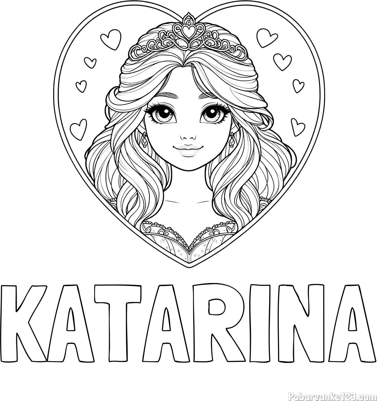Pobarvanka imena KATARINA in pobarvanka princeske ter srčkov