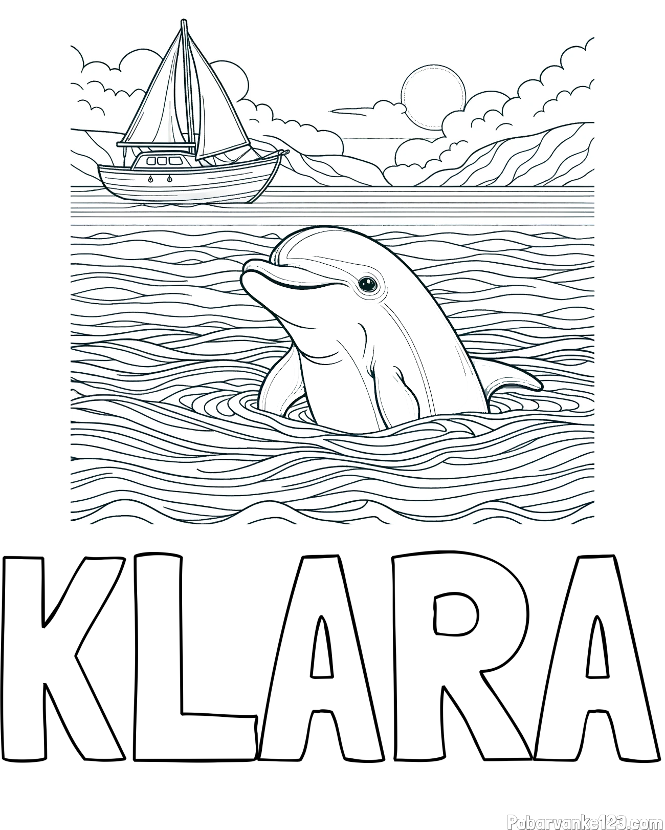 Pobarvanka imena KLARA in pobarvanka delfina v morju ter jadrnice
