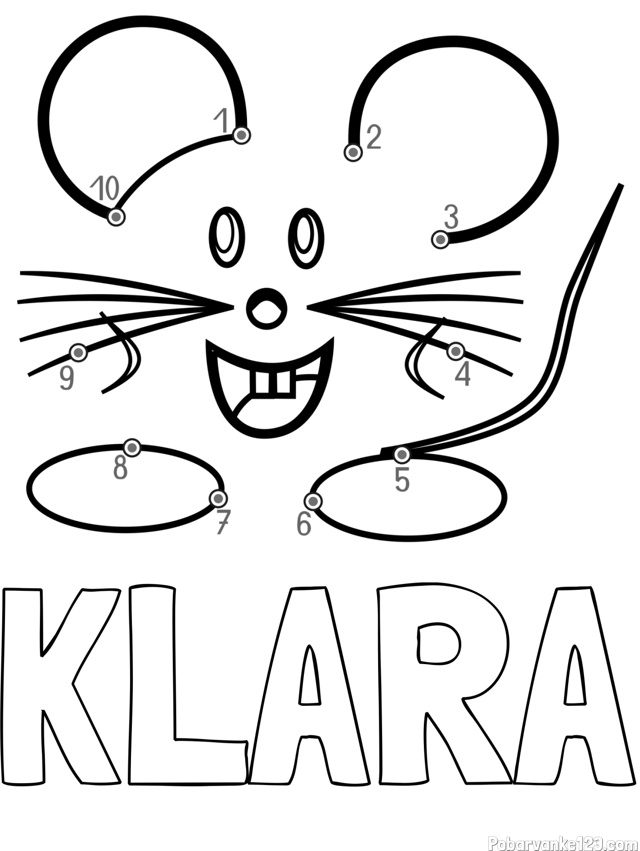 Pobarvanka imena KLARA in pobarvanka poveži številke - ljubka miška