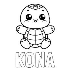 Online izdelana pobarvanka - Pobarvanka imena KONA in otroška pobarvanka ljubke in nasmejane želvice