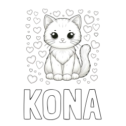 Online izdelana pobarvanka - Pobarvanka imena KONA in pobarvanka ljubke mucke obdane s srčki