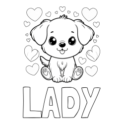 Online izdelana pobarvanka - Pobarvanka imena LADY in pobarvanka ljubkega kužka obdanega s srčki