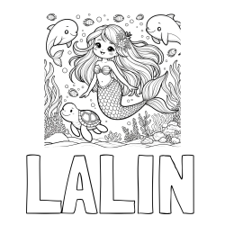 Online izdelana pobarvanka - Pobarvanka imena LALIN in pobarvana ljubke morske deklice s prijatelji