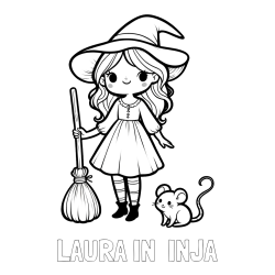 Online izdelana pobarvanka - Pobarvanka imena LAURA IN  INJA in pobarvanka čarovnice z metlo in miško