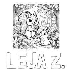 Online izdelana pobarvanka - Pobarvanka imena LEJA Ž. in pobarvanka veveričke in zajčka v gozdu