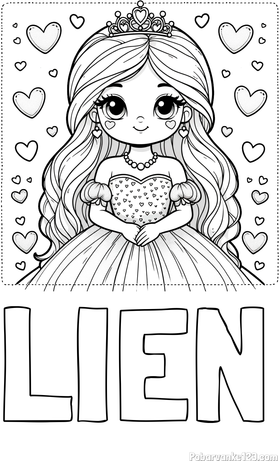 Pobarvanka imena LIEN in pobarvanka ljubke princese obdane s srčki