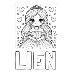Online izdelana pobarvanka - Pobarvanka imena LIEN in pobarvanka ljubke princese obdane s srčki
