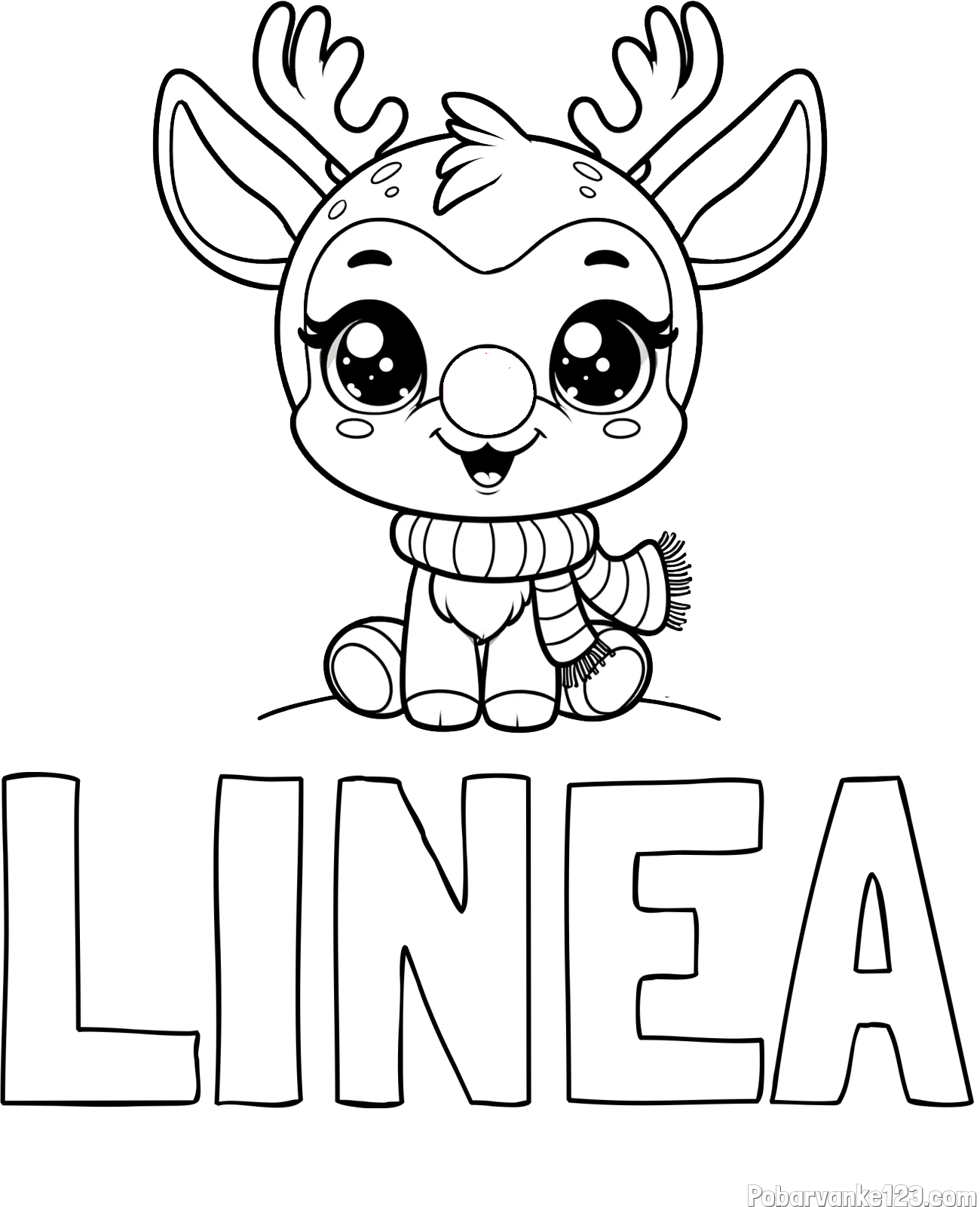 Pobarvanka imena LINEA in otroška pobarvanka jelenčka Rudolfa s šalom okoli vratu