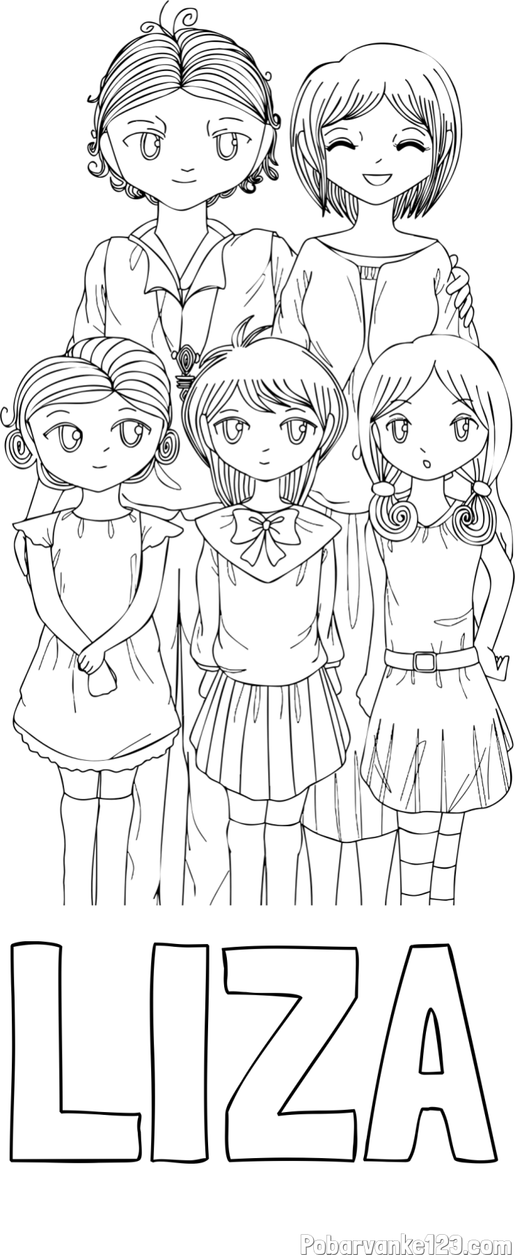 Pobarvanka imena LIZA in anime risani junaki