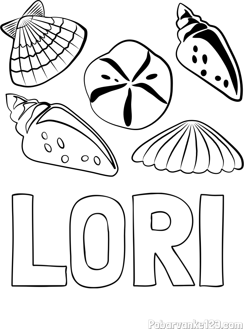 Pobarvanka imena LORI in pobarvanka različnih školjk