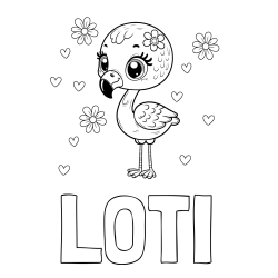 Online izdelana pobarvanka - Pobarvanka imena LOTI in pobarvanka mladička flaminga z rožicami in srčki