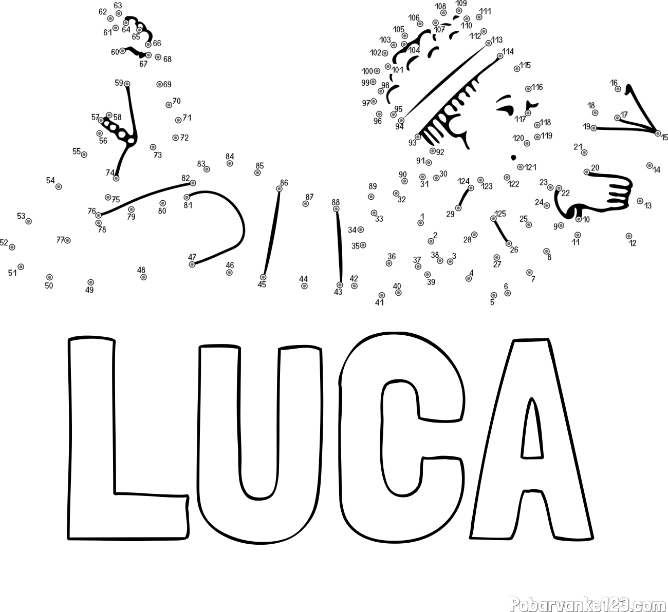 Pobarvanka imena LUCA in pobarvanka deklice - poveži številke od pike do pike