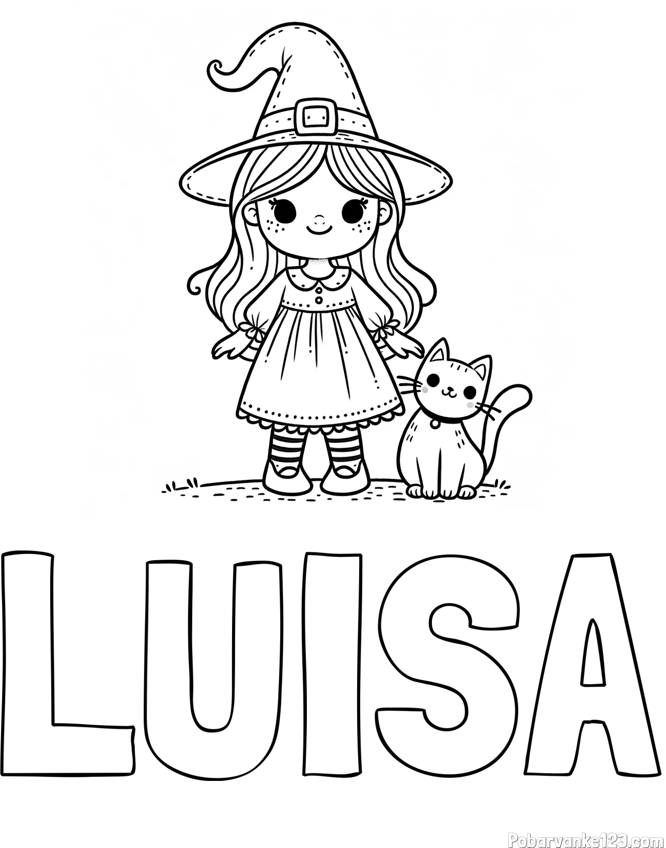Pobarvanka imena LUISA in Čudovita pobarvanka ljubke čarovnice in nasmejane mačke