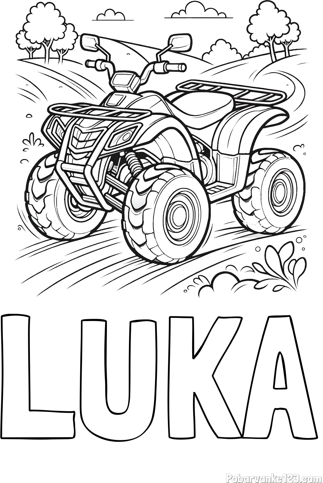 Pobarvanka imena LUKA in pobarvanka štirikolesnika na cesti