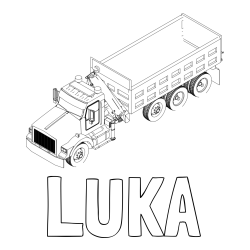 Online izdelana pobarvanka - Pobarvanka imena LUKA in pobarvanka velikega tovornjaka z dvigalko za nakladanje