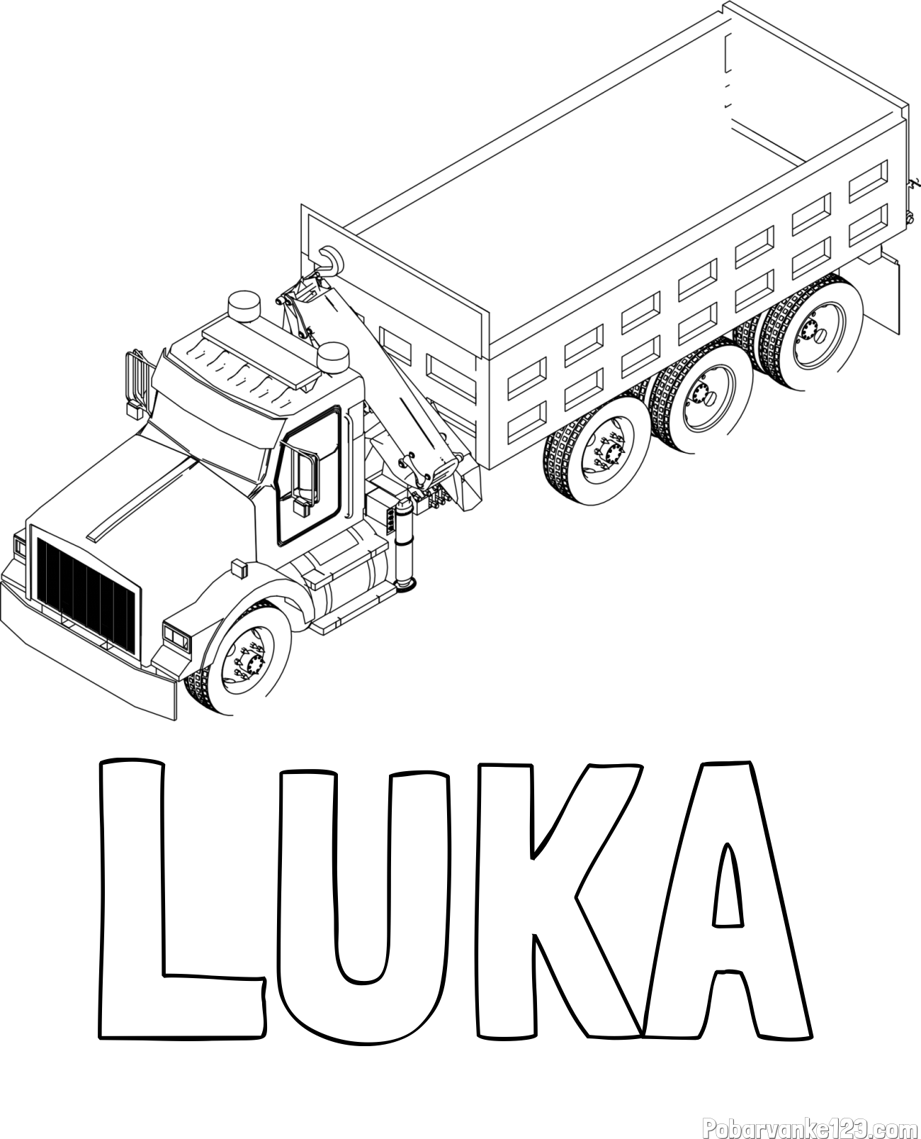 Pobarvanka imena LUKA in pobarvanka velikega tovornjaka z dvigalko za nakladanje