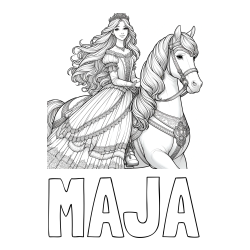 Online izdelana pobarvanka - Pobarvanka imena MAJA in pobarvanka nasmejana princese na konju