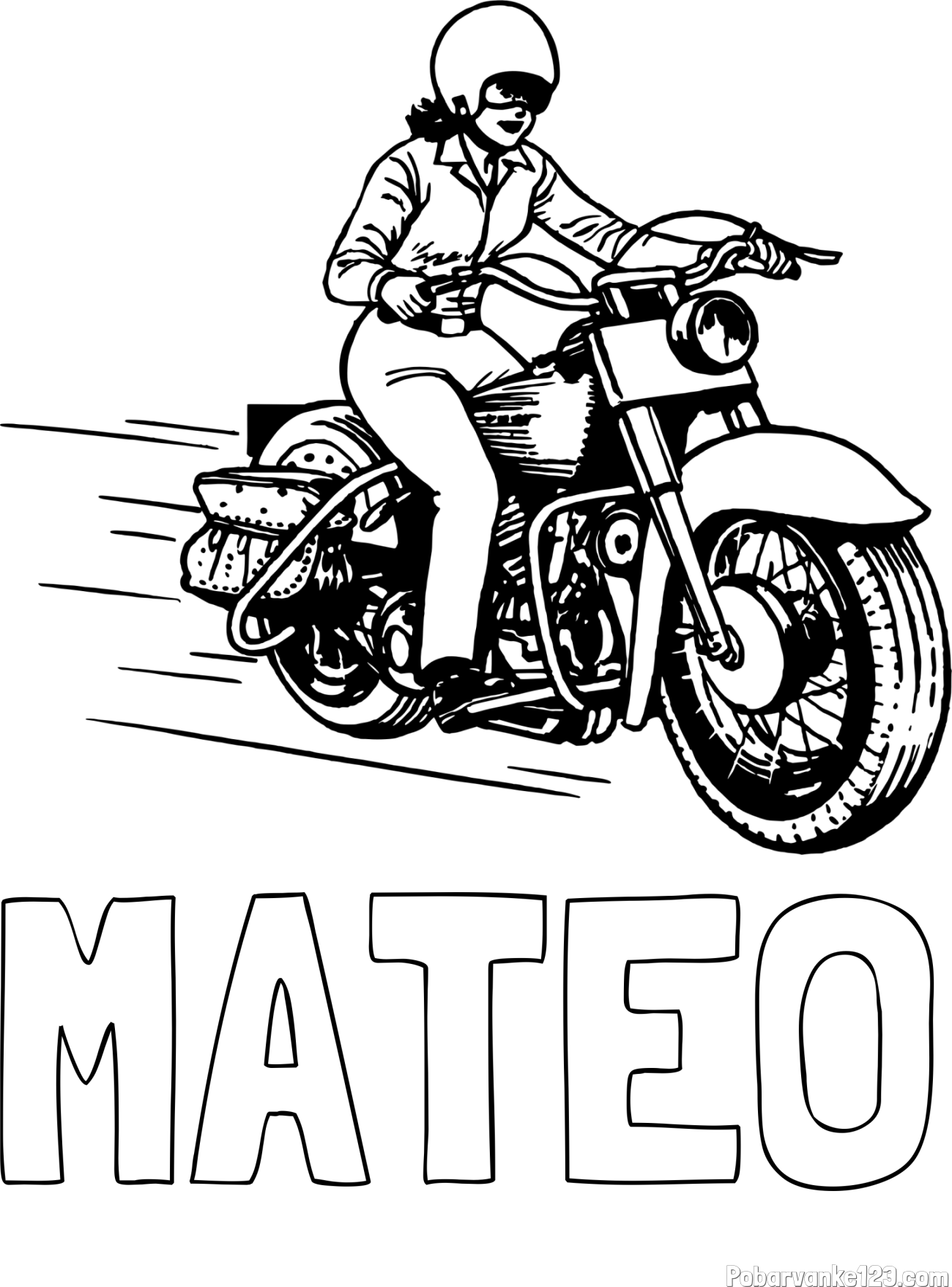 Pobarvanka imena MATEO in pobarvanka motorja ter motoristke