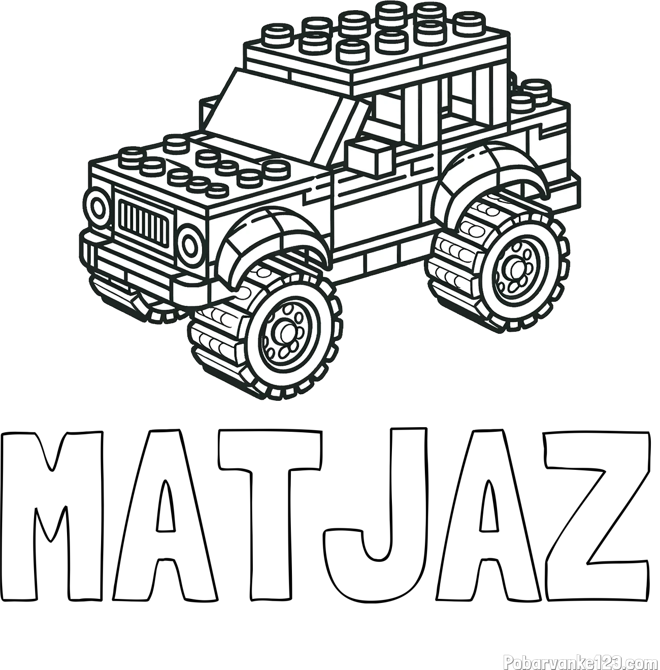 Pobarvanka imena MATJAŽ in pobarvanka džipa sestavljenega iz LEGO kock
