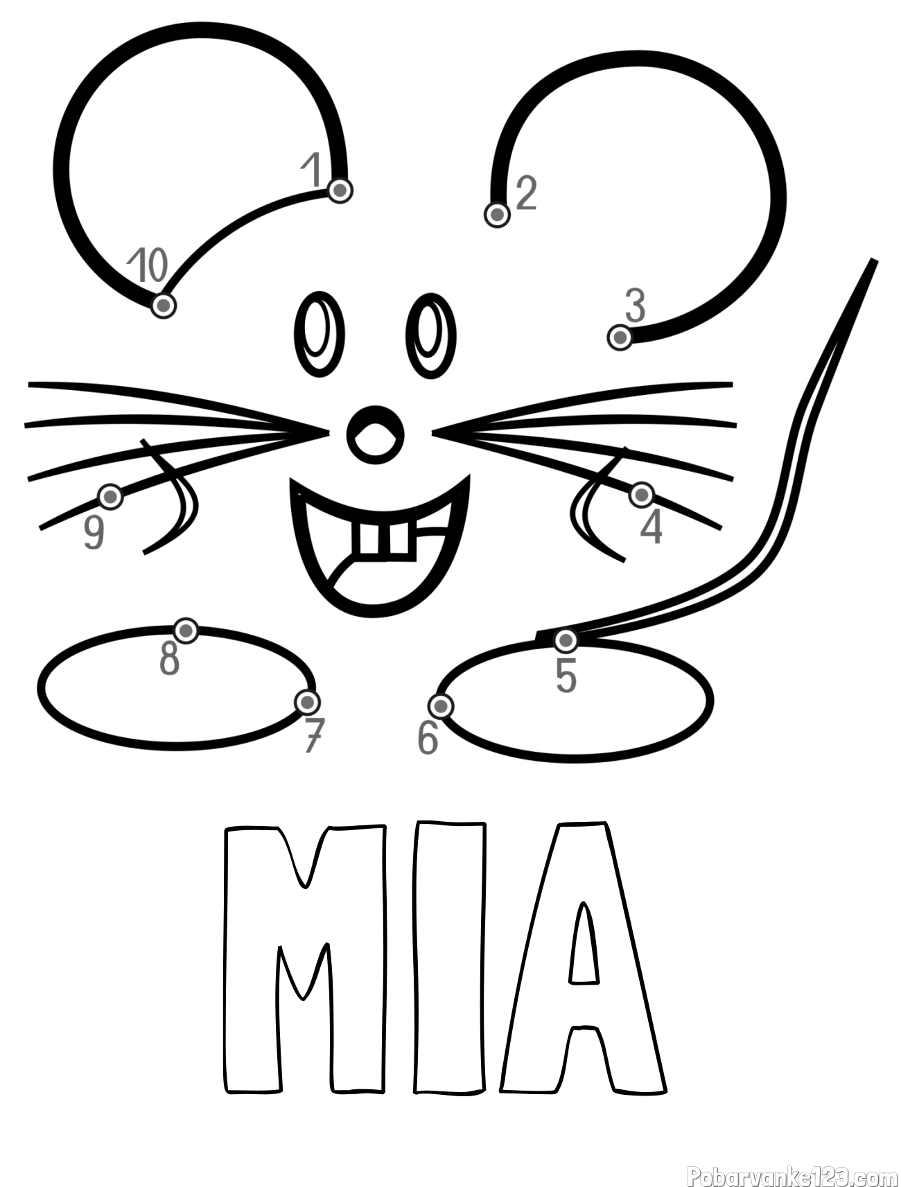 Pobarvanka imena MIA in pobarvanka poveži številke - ljubka miška