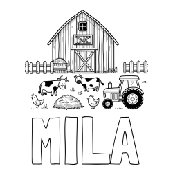 Online izdelana pobarvanka - Pobarvanka imena MILA in otroška pobarvanka velikega senika, krav in traktorja