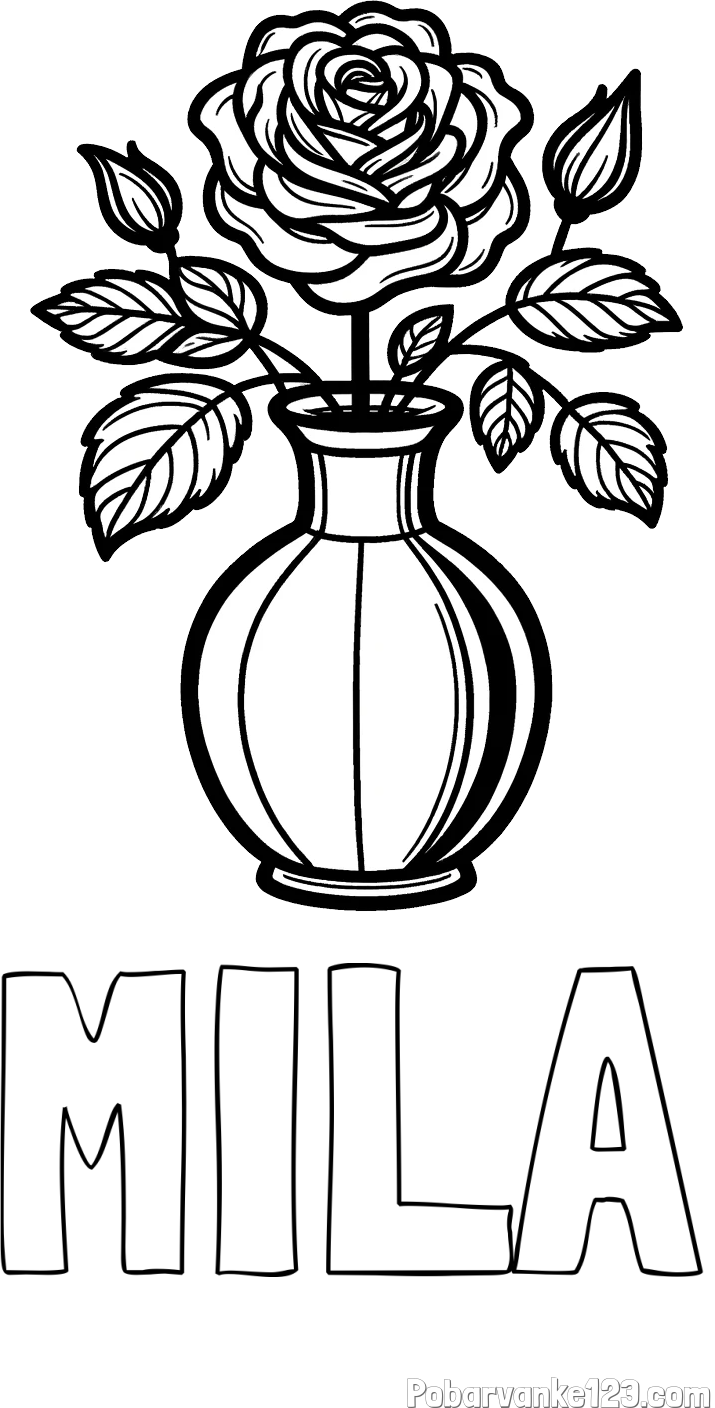 Pobarvanka imena MILA in pobarvanka čudovite vrtnice v vazi