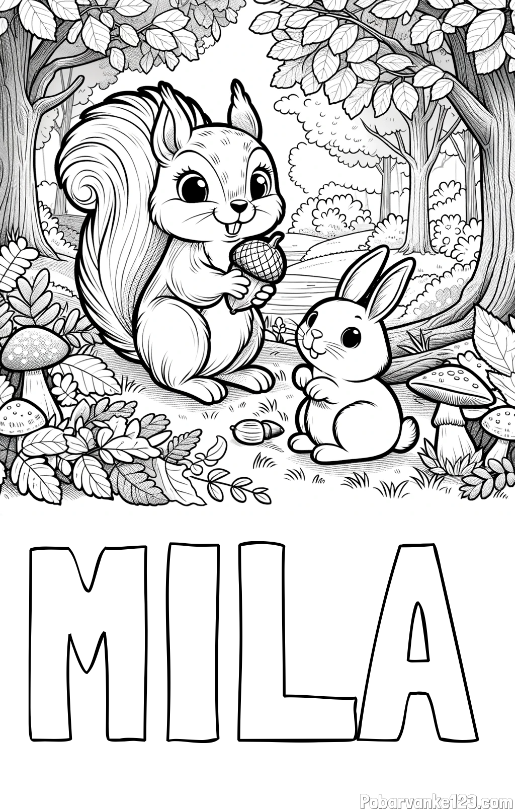 Pobarvanka imena MILA in pobarvanka veveričke in zajčka v gozdu