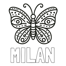 Online izdelana pobarvanka - Pobarvanka imena MILAN in preprosta pobarvanka metulja