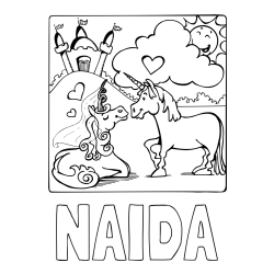 Online izdelana pobarvanka - Pobarvanka imena NAIDA in pobarvanka zaljubljenih samorogov