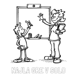 Online izdelana pobarvanka - Pobarvanka imena NAJLA GRE V ŠOLO in pobarvanka učiteljice in učenca pred tablo