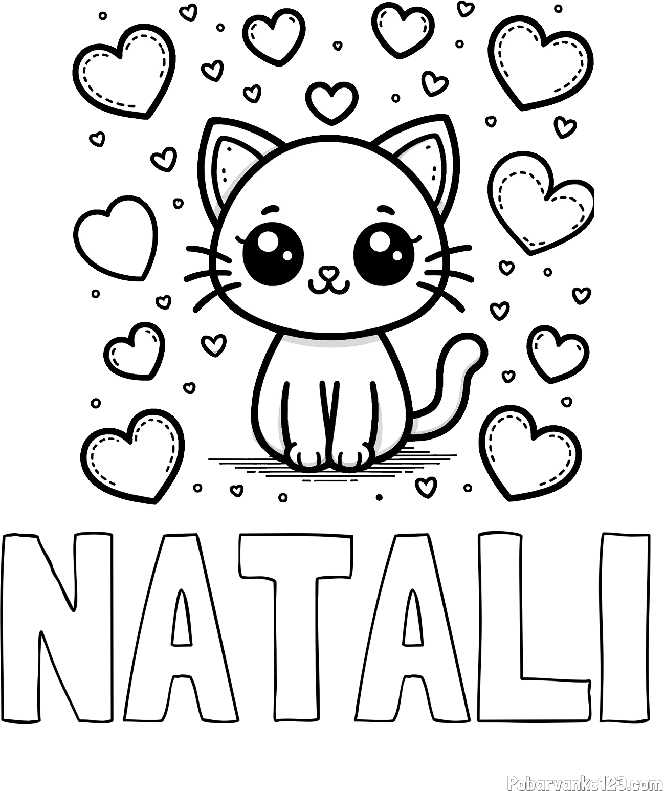 Pobarvanka imena NATALI in pobarvanka ljubke mucke obdane z veliko srčki