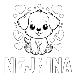 Online izdelana pobarvanka - Pobarvanka imena NEJMINA in pobarvanka ljubkega kužka obdanega s srčki