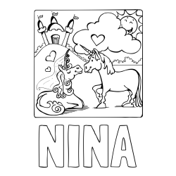 Online izdelana pobarvanka - Pobarvanka imena NINA in pobarvanka zaljubljenih samorogov