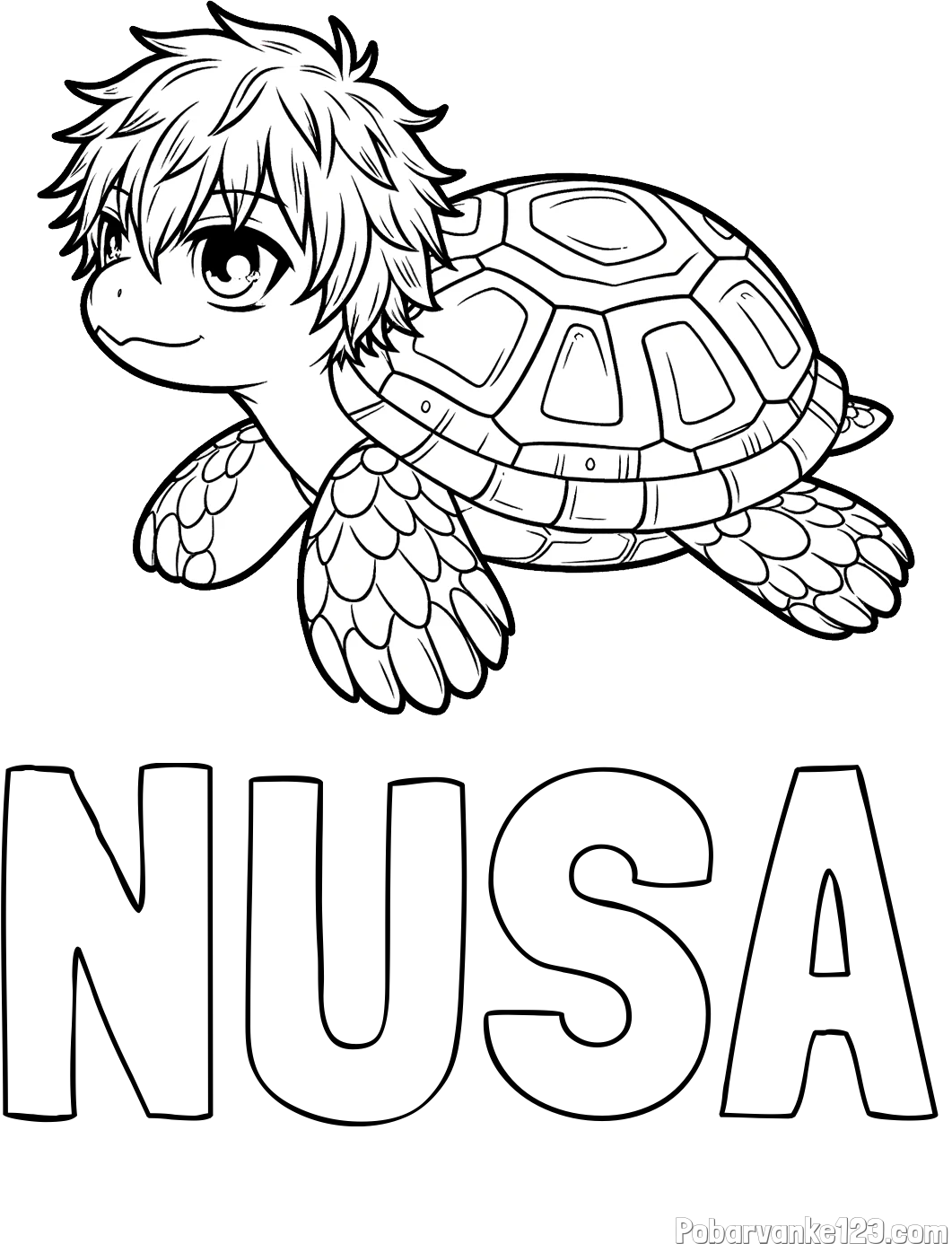 Pobarvanka imena NUŠA in pobarvanka želve v stilu anime