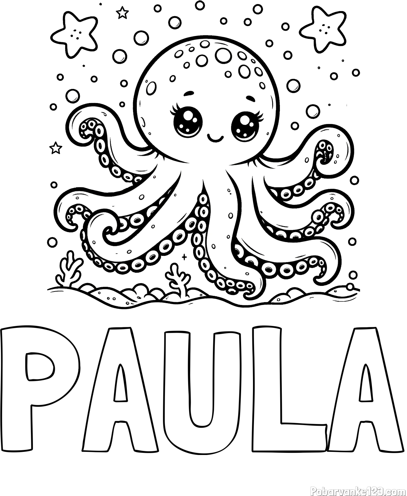 Pobarvanka imena PAULA in pobarvanka hobotnice v morju obdane z morskimi zvezdami