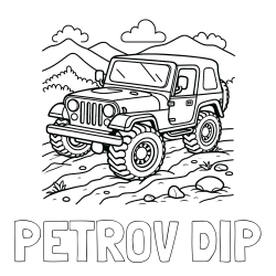Online izdelana pobarvanka - Pobarvanka imena PETROV ĐIP in pobarvanka džipa na terenu