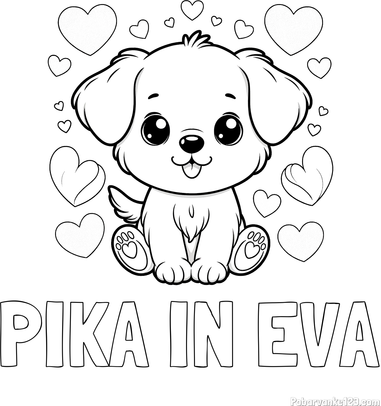 Pobarvanka imena PIKA IN EVA in pobarvanka ljubkega kužka obdanega s srčki