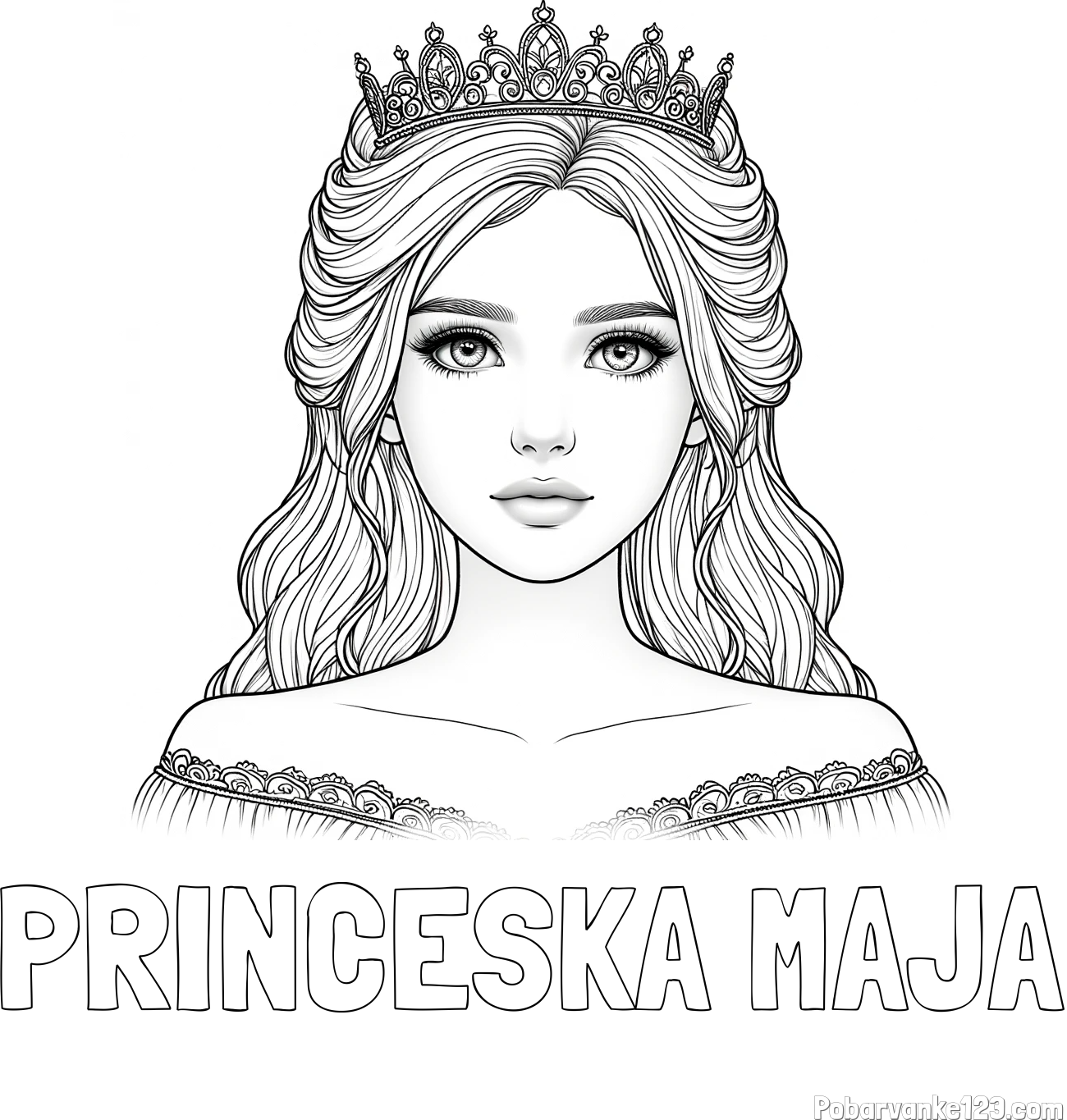 Pobarvanka imena PRINCESKA MAJA in pobarvanka prikupne princeske s čudovitimi očmi