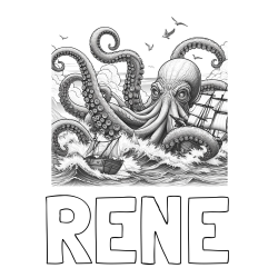 Online izdelana pobarvanka - Pobarvanka imena RENE in pobarvanka orjaške hobotnice, ki je napadla veliko gusarsko ladjo