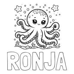 Online izdelana pobarvanka - Pobarvanka imena RONJA in pobarvanka hobotnice v morju obdane z morskimi zvezdami