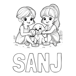 Online izdelana pobarvanka - Pobarvanka imena SANJ in pobarvanka prijateljic s kužkom
