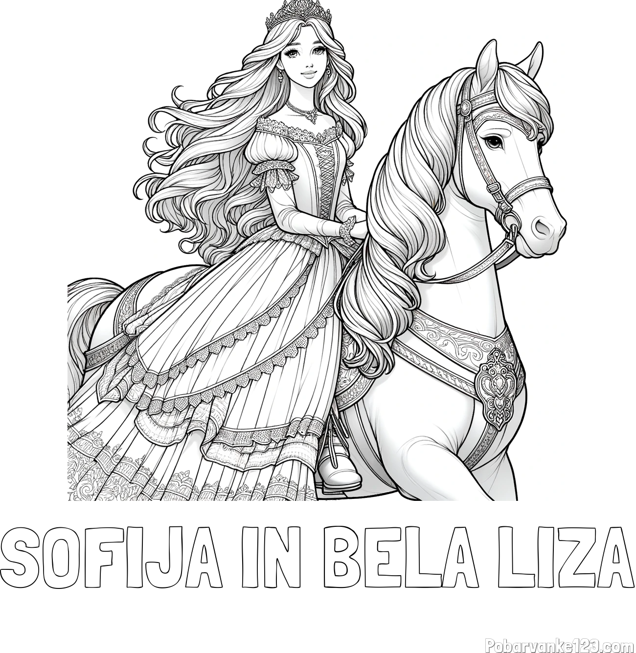 Pobarvanka imena SOFIJA IN BELA LIZA in pobarvanka nasmejana princese na konju