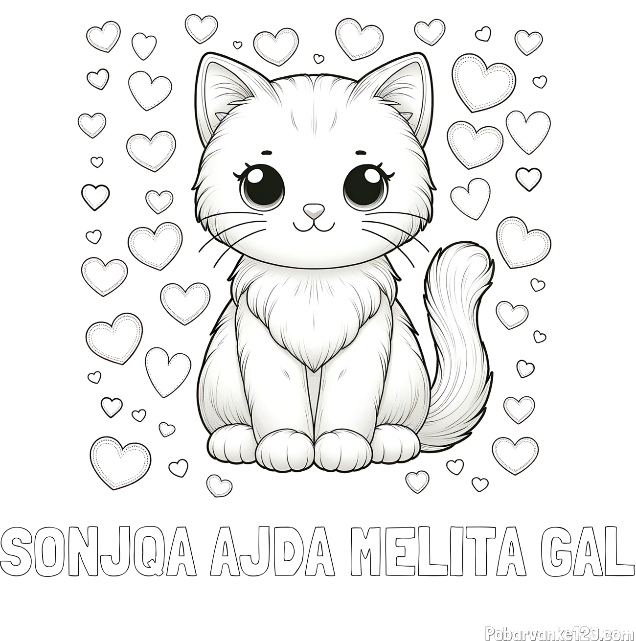 Pobarvanka imena SONJQA AJDA MELITA GAL in pobarvanka ljubke mucke obdane s srčki