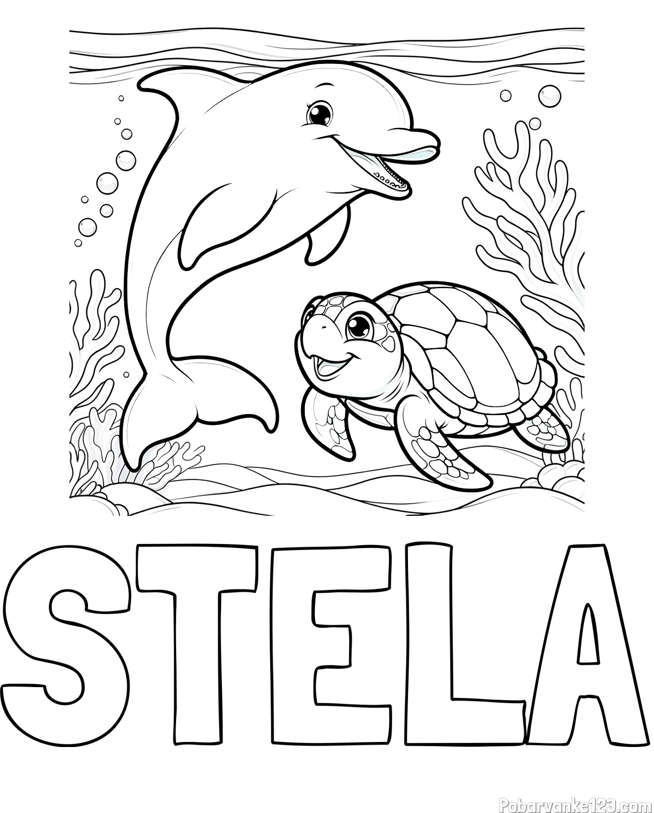 Pobarvanka imena STELA in pobarvanka ljubkega delfina z želvo v morju