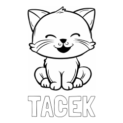 Online izdelana pobarvanka - Pobarvanka imena TAČEK in pobarvanka prikupne mačke