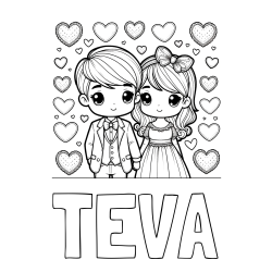 Online izdelana pobarvanka - Pobarvanka imena TEVA in pobarvanka dveh zaljubljencev s srčki