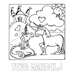 Online izdelana pobarvanka - Pobarvanka imena TEVA MANDELJ in pobarvanka zaljubljenih samorogov