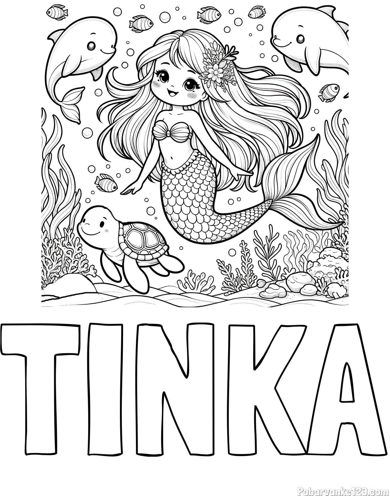 Pobarvanka imena TINKA in pobarvana ljubke morske deklice s prijatelji